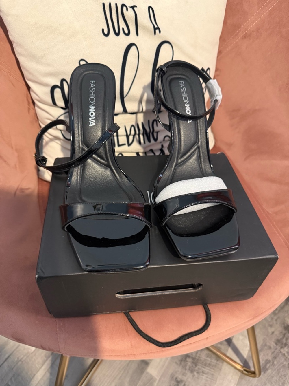 Fashion Nova Black Patent Square-Toe Strappy Heels